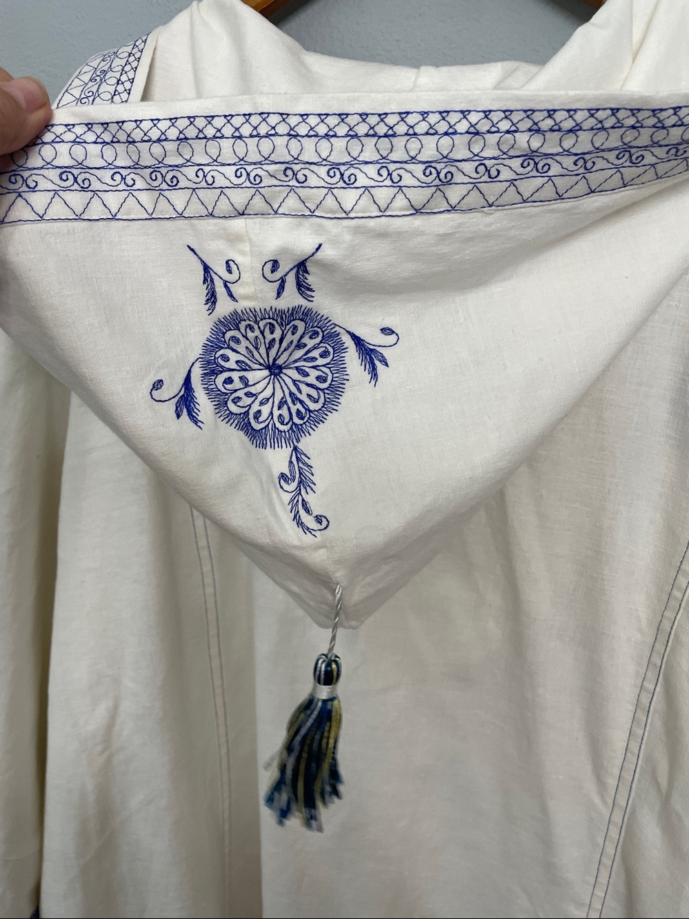 Soft Surroundings Linen Blend Maxi Peasant Caftan/ Dress Blue Embroidery Accents - Picture 8 of 13